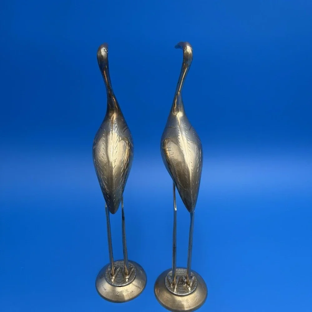 2 Lrg Brass Crane Egret Heron BIRDS Figurines on Pedestal 13